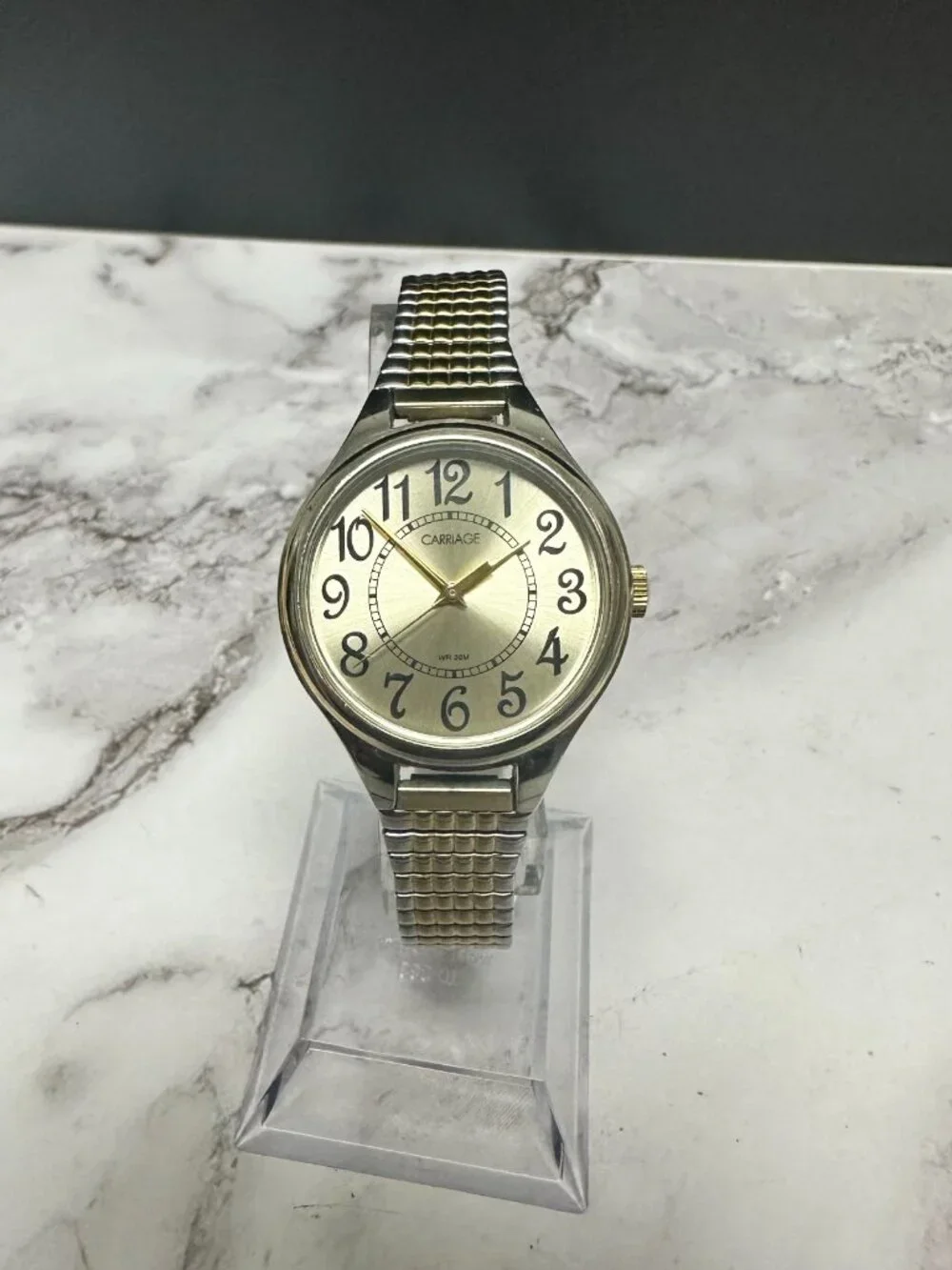 3/$30 Carriage Watch Women Silver Gold Two Tone Stretch Band Easy To Read